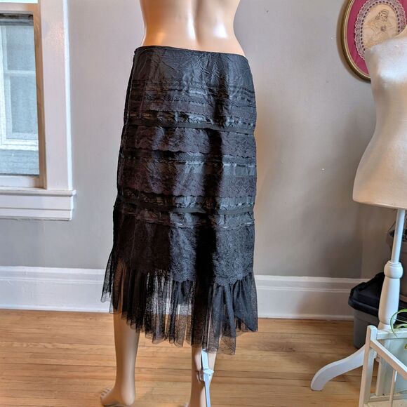 Vintage 90s Y2K Express Midi Skirt Black Lace Tiered Fairycore Whimsygoth 3 - Picture 2 of 11